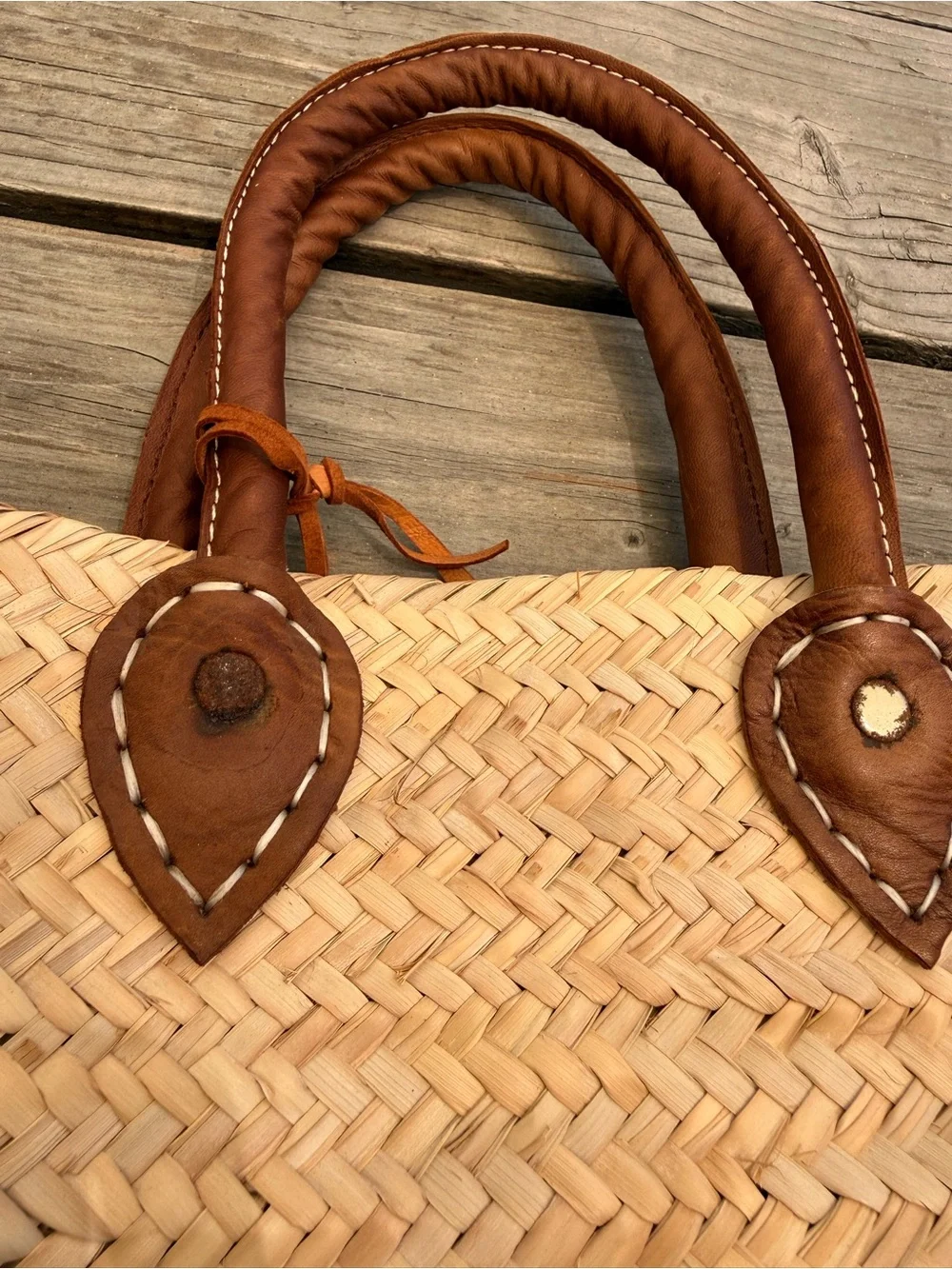Natural Straw Backpack with Brown Leather Trim